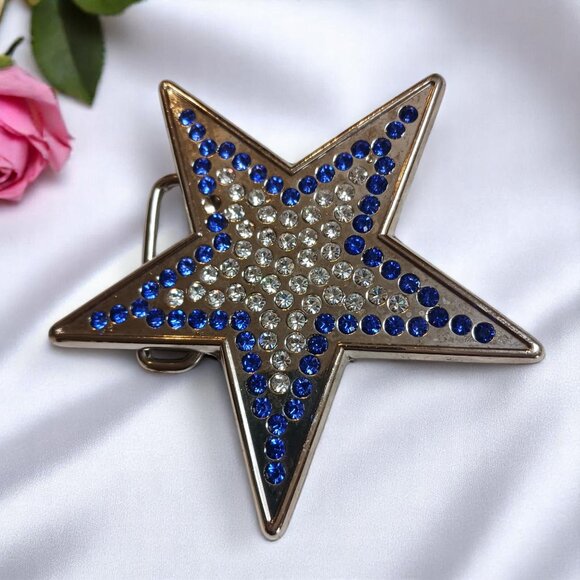 Silver Star Western Belt Buckle with Clear & Cobalt Crystals – Fits 1.5" Belt - Picture 5 of 9